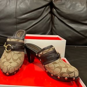 Coach Signature sable brown studded wooden mule clog. Barely worn
